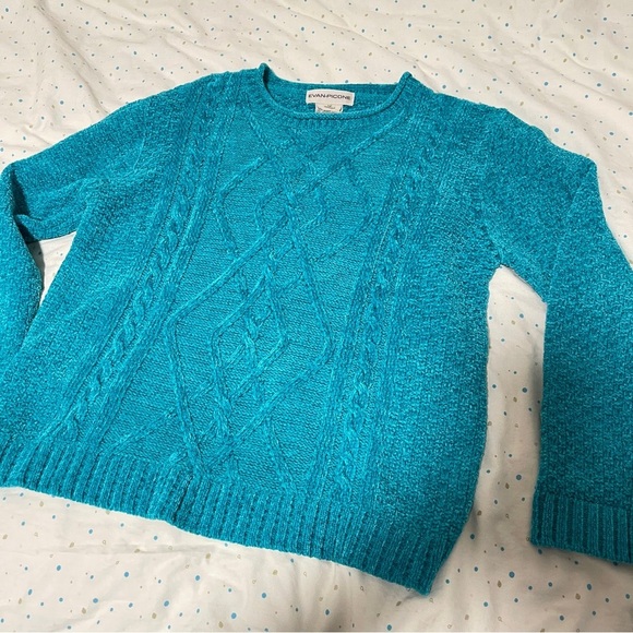 Vintage Evan Picone Chenille Cable Knit Teal Blue Sweater - Picture 7 of 12